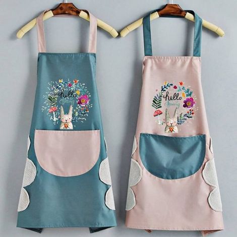 2 Tabliers de cuisine imperméables pour femme avec poches, bleu et rose (1/5)