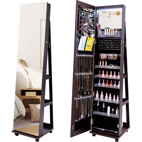 Armoire à bijoux violette 64 pouces avec miroir pleine longueur, LED 3 couleurs et roulettes verrouillables pour chambre et dressing (1/5)