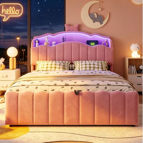 Cama con almacenaje infantil 140 x 200 cm con cabecero LED, USB y USB-C, terciopelo rosa OKMYHOME (1/5)