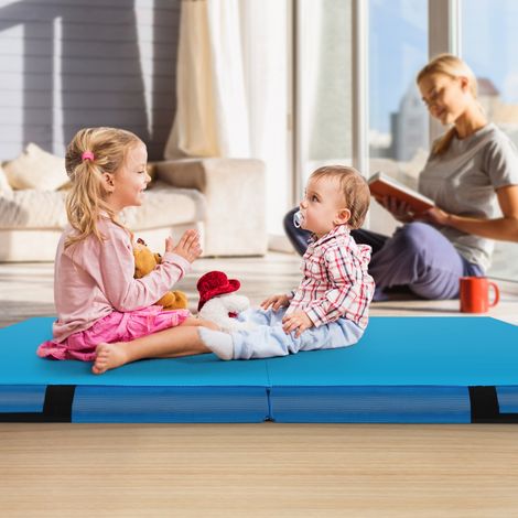 122 x 122 x 10cm Tapis d'Exercice Pliable Épais Pliable avec Revêtement en Similicuir et Poignées de Transport Idéal Bleu (1/2)