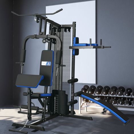 Station de Musculation 65kg avec Pile de Poids, Banc Inclinable pour Abdominaux, Équipement de Fitness Domicile, Couleur Noir et Bleu (1/5)