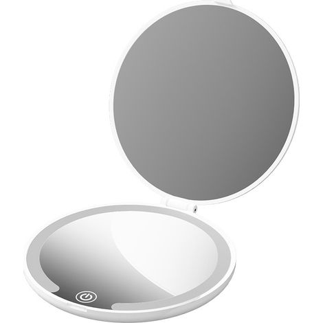 Miroir de maquillage à LED, blanc, 10 x 10,5 cm 1 x Miroir pliable portable à rabat Miroir de voyage pour retouches Miroir de voyage rechargeable mini (1/5)