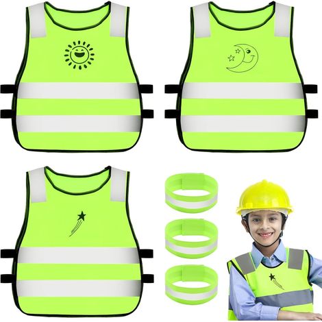 3X Warnweste Kinder Neongelb mit Reflektorband - Gemusterte Sicherheitskleidung für Auto, Fahrrad & Schulweg (Gelb) (1/5)