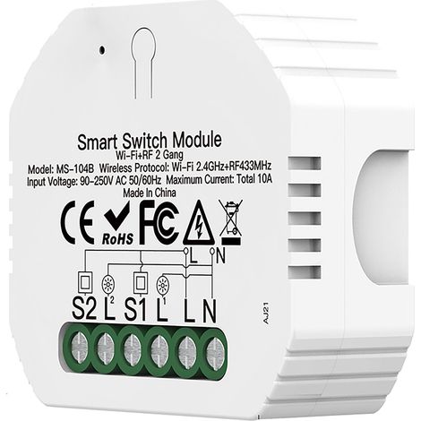 Relè Passo Passo Interruttore WIFI 2.4G+BLE+RF 433MHz, 2 Canali, Bluetooth BLE Mesh TUYA, Smart Life, 10A, AC 90-250V, 50/60HZ, 2200W, 53X48X18mm, IP20, SHB104B