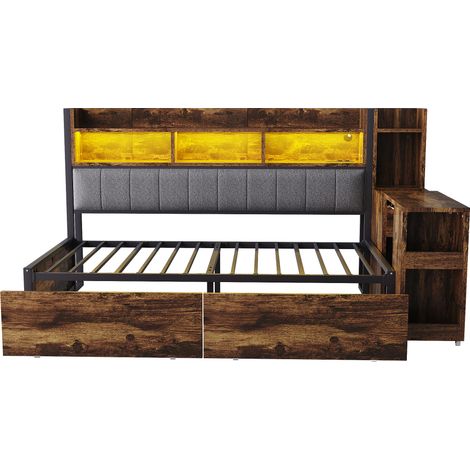 Cama individual multifunción 90 x 200 cm de metal y madera, con almacenaje, escritorio y LED (1/5)