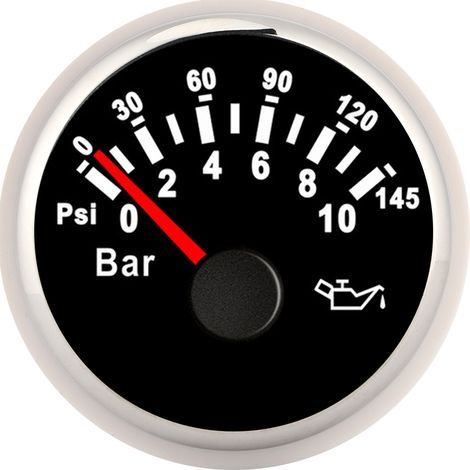 Compteur de pression d'huile 2 pouces 0-10Bar, 145psi, instrument à cadran rétroéclairé LED pour voiture, moto, bateau, camion, 12V/24V, cadran noir, cadre argenté (1/5)