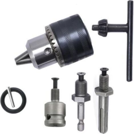 Ensemble de 5 mandrins de perçage : mandrin à bague dentée 1,5-13 mm, mandrin à bague dentée 1/2-20UNF, mandrin de perçage SDS-Plus, mandrin de visseuse à percussion, mandrin avec clé. (1/5)