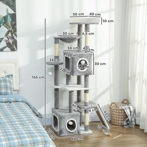 Katzenbaum, Spielturm für Katzen, Aktivitätszentrum mit 2 Höhlen, Plattformen, Hängematte, Leiter und 4 Pompons, 165 cm, grau (1/5)