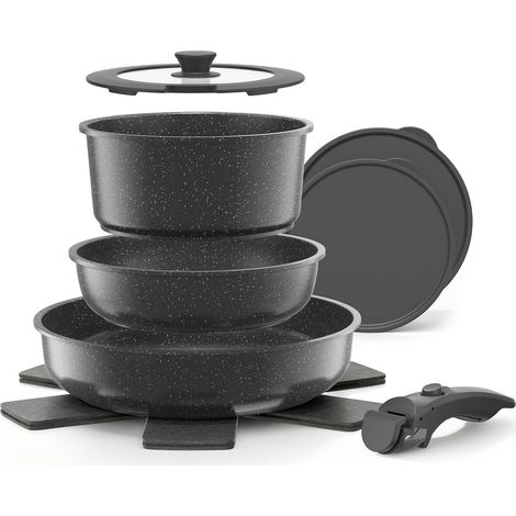 Batterie de cuisine YASHE 9 pièces grise avec poignée amovible et couvercle en verre