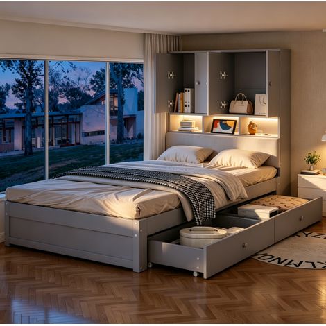 Cama multifuncional 90/200 cm gris con almacenaje, LED y enchufe, diseño compacto (1/5)