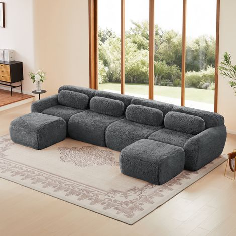 Canapé panoramique en U 378x179x73 cm – Canapé modulable en peluche respirante, avec larges accoudoirs, mousse haute résilience – Gris