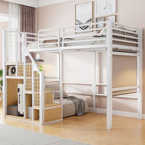 Hochbett 90x200 mit Schrank und Sicherheitsleiter, Kinderbett Metall mit Stauraum, Jugendbett platzsparend, Eisenbett 120kg belastbar, Weiß (1/5)