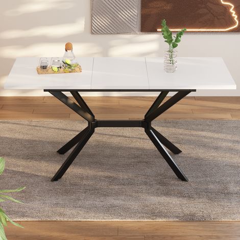 Table à manger extensible blanc 120/160 cm, plateau rectangulaire laqué, piètement métal noir, idéale pour 4-6 convives, meuble salle à manger moderne (1/5)