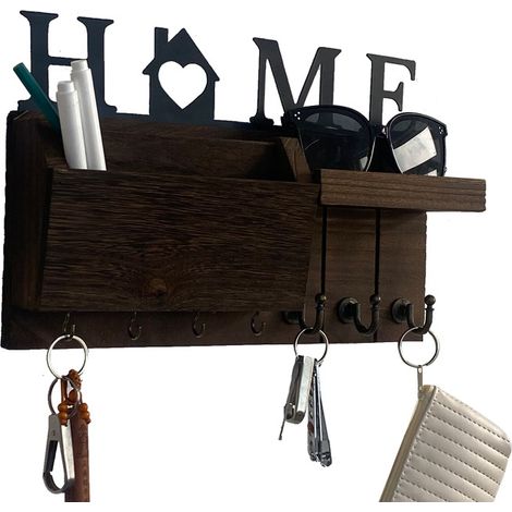 Porte-clés avec décoration intérieure, porte-clés en bois avec 7 crochets pour clés, porte-clés avec étagère, convient pour entrée, porte d'entrée, couloir, chambre, bureau, marron