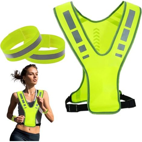 Gilet di sicurezza riflettente per adulti con 2 fasce da braccio e 2 da polso - Abbigliamento riflettente unisex per la corsa - Verde fluorescente - Regolazione illimitata della taglia - Per ciclismo
