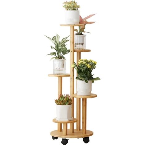 Étagère à fleurs en bambou avec roulettes 5 niveaux de charge 20 kg Matériau naturel imperméable Montage facile pour salon, balcon, chambre à coucher (couleur bois) (1/5)