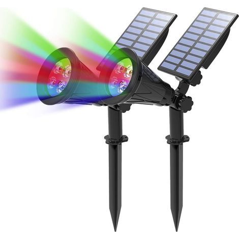 Solar-Gartenleuchten, 2er-Set, 4 LED-Solarstrahler, wasserdichte 2-in-1-Solar-Gartenleuchten für den Außenbereich, kabellos, 4 wechselnde Farben, 2 Helligkeitsstufen, automatische Ein-/Ausschaltung. (1/5)