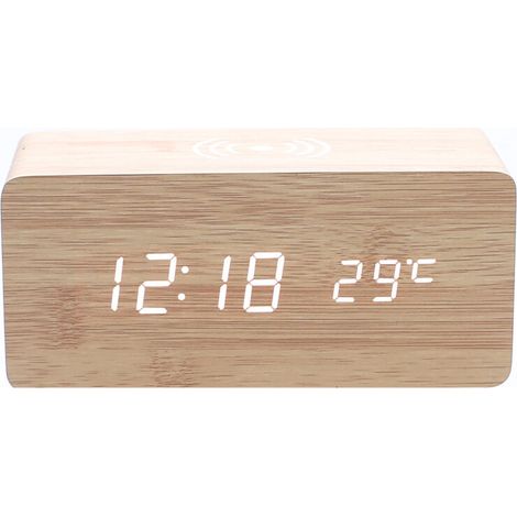 Stück beigefarbener Holzwecker mit kabellosem Ladegerät, kompatibel mit iPhone Samsung, LED-Digitaluhr aus Holz, Tonsteuerungsfunktion, Zeit-, Datums- und Temperaturanzeige, FLITI (1/3)