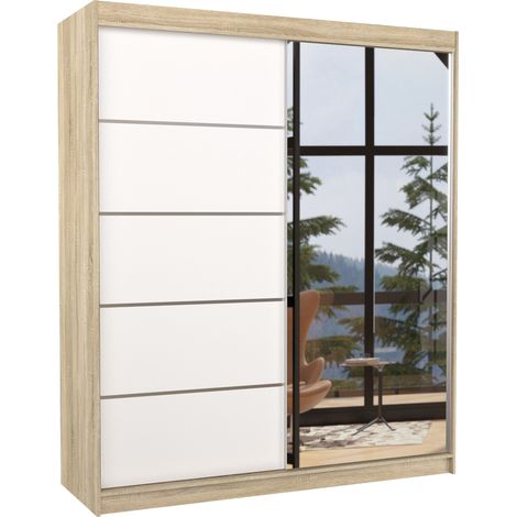 Armoire de chambre design bois clair 2 portes coulissantes bois blanc et alu avec miroir Karena 180cm (1/5)