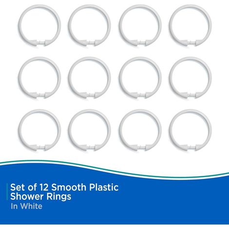 12-teiliges Set aus rostfreien, glatten Duschvorhangringen aus Kunststoff zur Verwendung mit Standard-Duschvorhangstangen und -vorhängen im Badezimmer. (1/5)