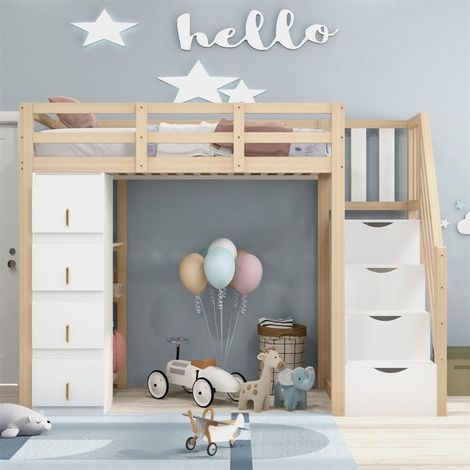 Lit mezzanine 90x200 bois massif blanc/bois avec tiroirs et étagères, sommier inclus, sans matelas