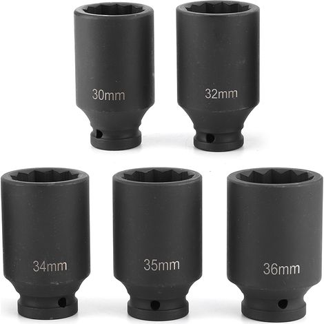 Lot 5 douilles à choc profond 12 points – 1/2″ – tailles 30/32/34/35/36 mm – écrou moyeu – garage / atelier