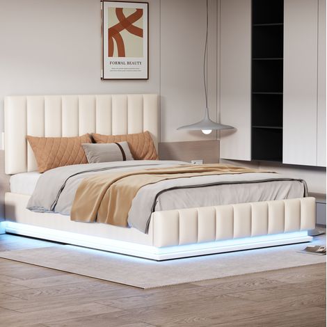 Cama con almacenamiento tapizada en polipiel blanca 140x200 cm con LED, somier metálico y cabecero ajustable (1/5)