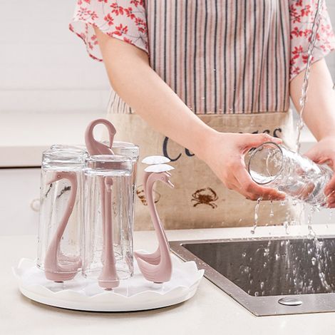 Schwanenförmiger Tassenständer mit drehbarer Abtropfschale, Kunststoff, drehbar, für die Küche, Rosa, 6 Köpfe (1/5)