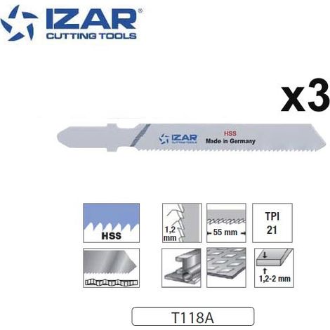 lame de scie sauteuse HSS Izar T118A pour tôle fines 76mm TPi21 (x3)
