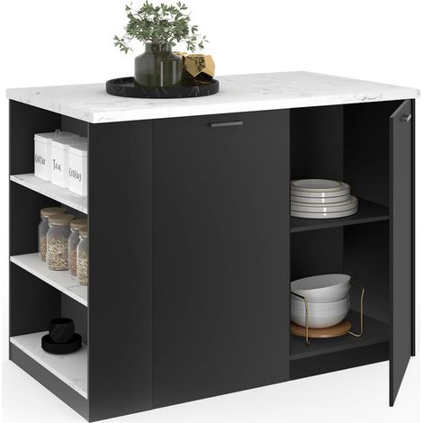 Idmarket – Îlot central TIBO 120 cm bois noir – Plan de travail effet marbre – 2 portes avec étagères ajustables – Meuble bar moderne