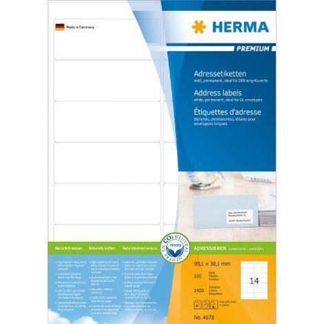 Universaletikett PREMIUM 99,1 x 38,1 mm (B x H) nicht wieder ablösbar Papier weiß 1.400 Etik./Pack. (1/5)