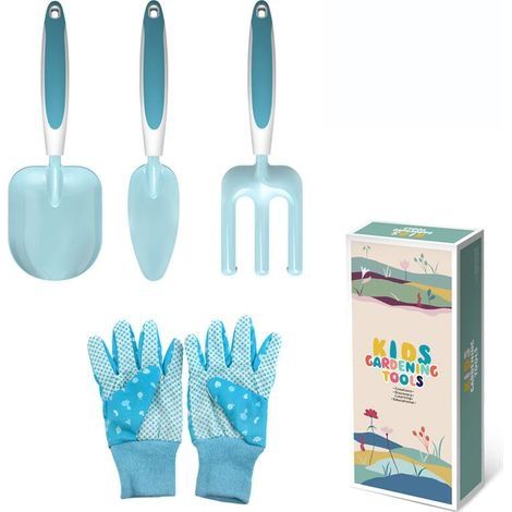 Lot de 4 outils de jardinage pour enfants - Truelle râteau et fourchette - Gants de jardinage - Mini ensemble d'outils de jardinage pour la plage et le jardin (1/4)
