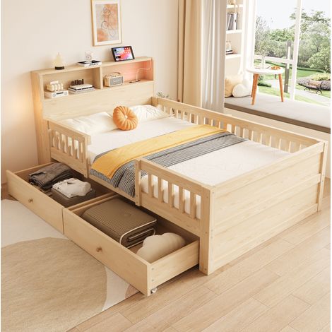 Lit enfant 90x190 cm en bois avec 2 tiroirs, tête de lit LED, ports USB et USB-C (1/5)