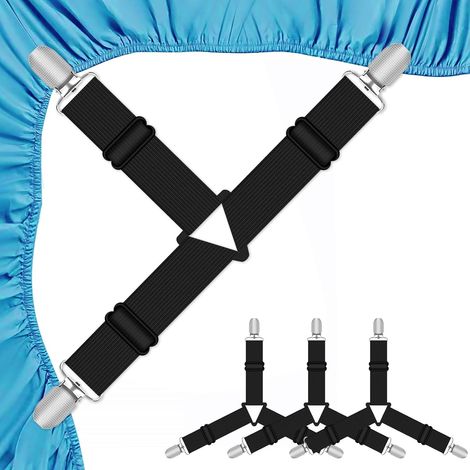 Attache Drap Housse - Lot de 4 - Noir - Sangle Élastique Triangle - Pinces Métalliques - Pour Lit Et Canapé (1/5)