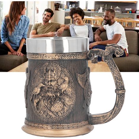 Großer, kreativer Wikinger-Bierkrug aus Edelstahl mit handgefertigtem Harzornament. (1/5)