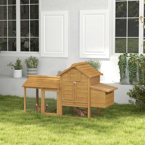 Pollaio da esterno in legno PawHut, gabbia per 2-3 galline con 2 recinti in rete, tetto apribile, nido, vassoio e rampa rimovibili, 150,5x54x87 cm, colore naturale.