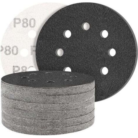Lot de 50 disques abrasifs en carbure de silicium noir, grain 80, pour ponceuse orbitale aléatoire ronde à 8 trous - Grain mixte - Pour le polissage (1/4)