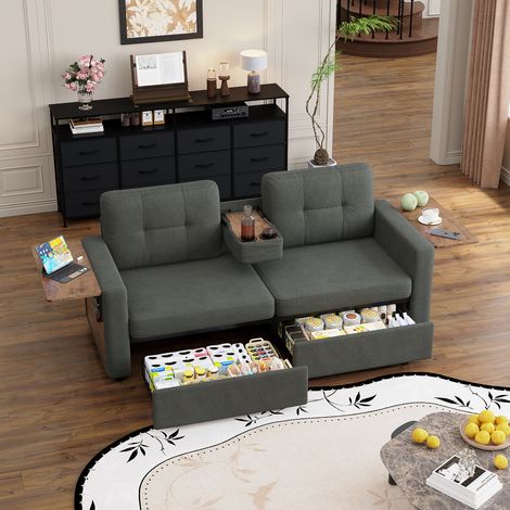 Canapé droit 2 places 178x71x57,5 cm avec 2 tiroirs de rangement, tables rabattables pour ordinateur, 2 porte-gobelets, tissu chenille gris foncé (1/5)