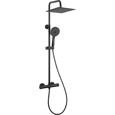 Colonne de Douche avec Mitigeur Thermostatique, Douche Pluie en Acier Inoxydable 30 x 30 cm, Douchette à 5 Modes, Barre de Douche Extensible (Noir) (1/5)