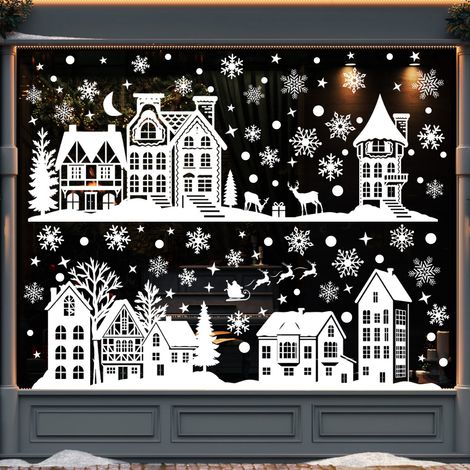Autocollants de Noël pour vitrine - Scène de neige blanche : château, flocons de neige, renne, bonhomme de neige - 2 feuilles (1/4)