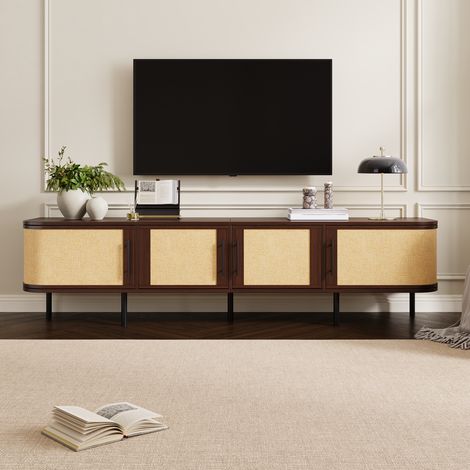 Mobile TV in MDF 180 x 40 x 45 cm con 4 ante e frontale intrecciato color noce (1/5)