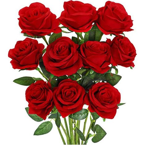 10 roses artificielles, bouquet de roses artificielles à tige unique, convient pour la décoration de la maison, des mariages et des fêtes (rouge). (1/5)