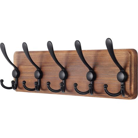 Rack mural de style rustique en bois brun, 44cm de long, Grand Rack mural avec 5 Crochets triples pour le sac à dos suspendu (1/5)