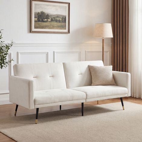 Canapé convertible 2 places en velours beige, dossiers indépendants réglables 5 positions, fonction lit, 6 pieds métal 20 cm, charge 180 kg (1/5)