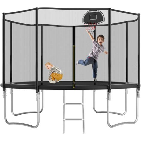 12FT Outdoor Trampoline with Safety Net and Basketball Hoop, Perfect for Kids and Adults up to 150kg, Black Garden Trampoline