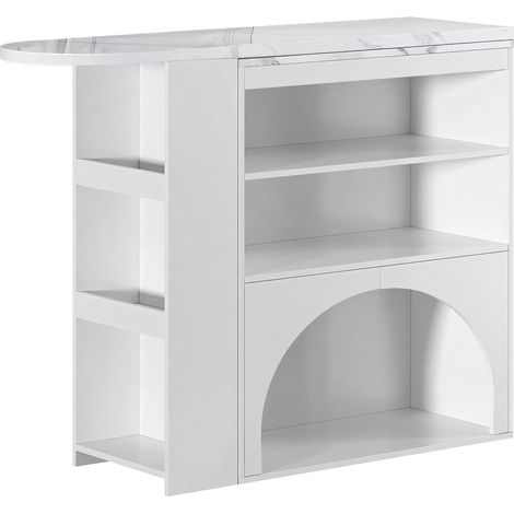 Mesa alta extensible blanca efecto mármol 120(+80) x 40 x 100 cm con zona para mascotas (1/5)