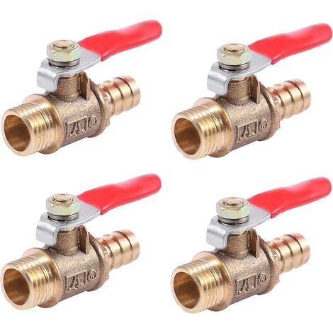 Lot de 4 vannes à bille en laiton à passage intégral, filetage mâle 10 mm x 1/4 pouce, avec poignée à levier et embout cannelé. (1/5)