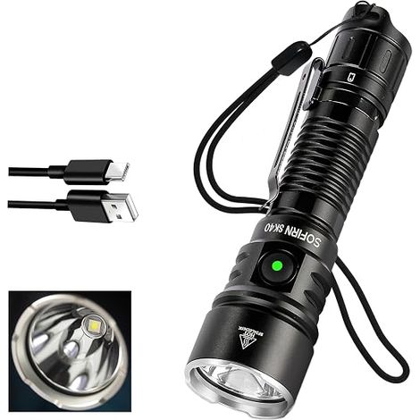 Lampe torche tactique rechargeable, 6000 K, charge USB-C, étanche IPX8, pour utilisation tactique, sauvetage et camping (1/5)