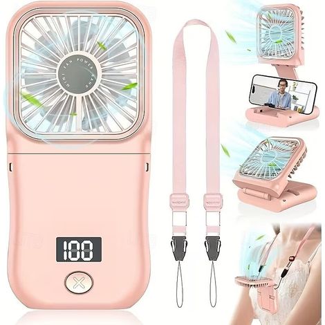 Mini Ventilateur Portable Rechargeable 3000mAh, Support Téléphone et Batterie Externe,Rose (1/5)