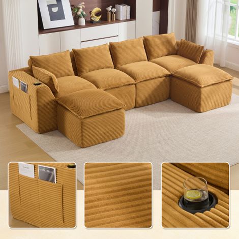 Modulares 4-Sitzer-Sofa (2 Fußhocker), Kissen, Getränkehalter, 2 Seitentaschen, Schaum-/Federkern, schnell rückfedernd. Frei kombinierbar – ideal für Wohnzimmer, Büros u.ä.(orangefarbener Cordstoff)